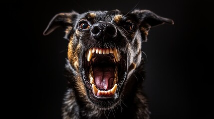 The dog's powerful snarl and exposed fangs create a menacing portrait, its anger and dominance emphasized by the dramatic black backdrop.