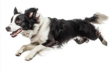 joyful border collie leaping through air with expressive face, captured mid-jump against pure white background