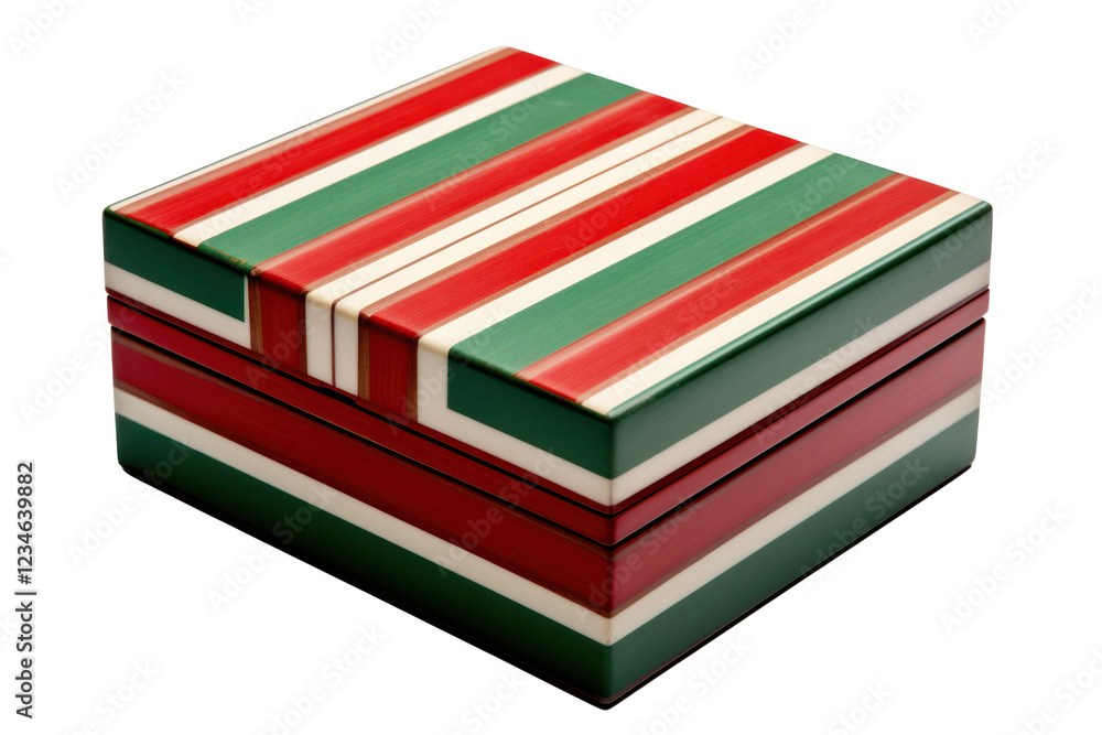Poster an elegant storage box with a dynamic red and green stripes pattern, alternating in bold sections th