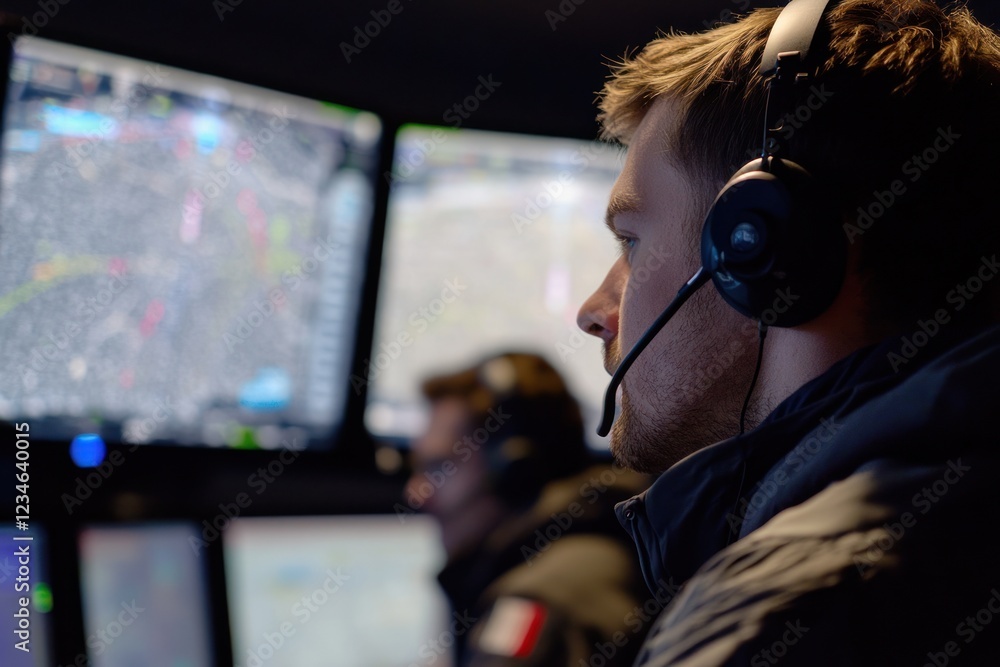 Poster two operators monitoring flight data in a control room