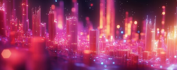 Obraz premium A vibrant, futuristic cityscape illuminated with neon lights, showcasing towering structures and a dynamic, glowing atmosphere.