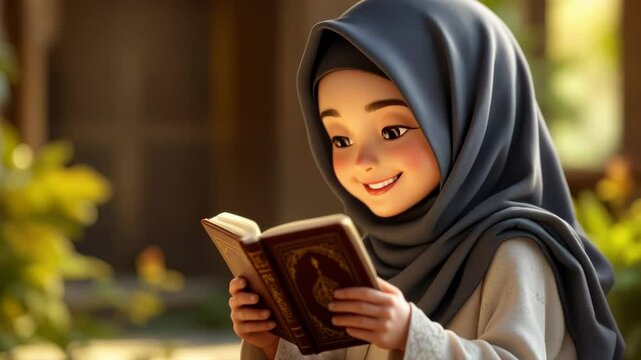 Adorable Muslim Girl Reading a Book