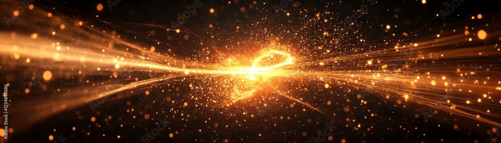 Poster A vibrant burst of golden light with sparkling particles and dynamic energy, creating a sense of movement and depth.