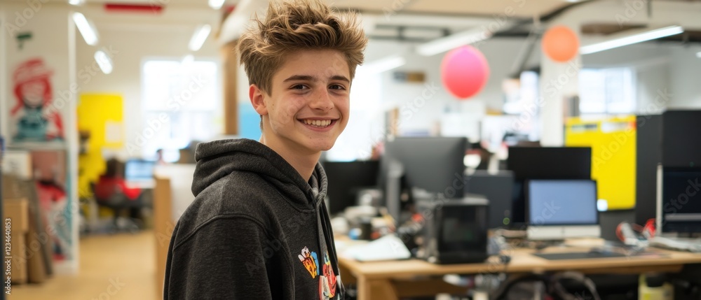 Poster young man smiling in a modern office environment with computers