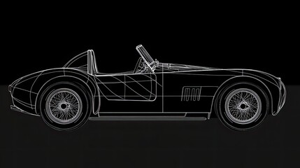 Wireframe illustration of a classic sports car, side profile view against a black background.