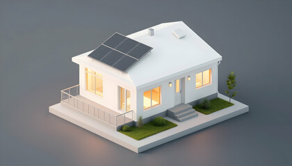 Miniature eco-friendly house, solar panels on roof, warm glowing windows, tiny trees, isometric view, soft pastel colors, clean modern architecture, energy-efficient home, 3D render, detailed model, s