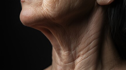 A detailed close-up of a mature woman's neck, focusing on skin wrinkles and texture, reflecting wisdom and the beauty of aging gracefully.