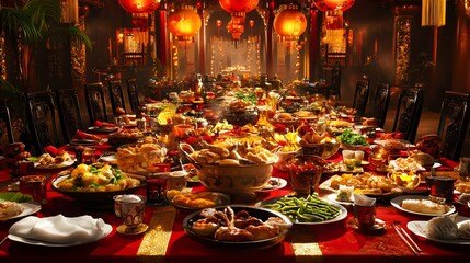 Fototapeta premium Chinese New Year Feast Table Filled With Symbolic Dishes and Decorations
