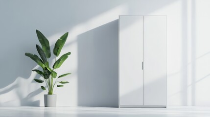 Minimalist White Cabinet with Indoor Plant in Sunlight