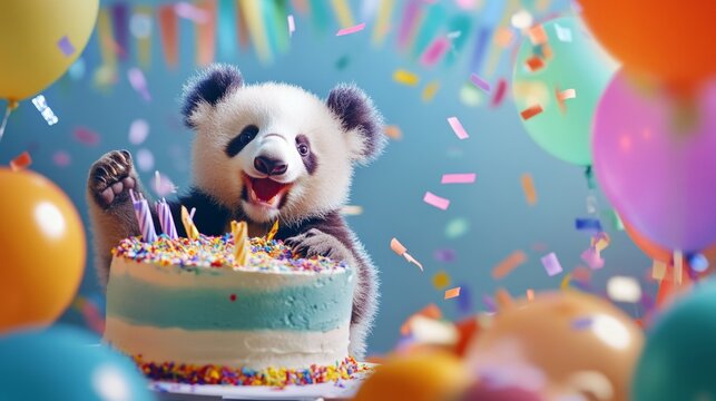A magical, fun-filled birthday party with a cake, party decorations, and cute animals like a panda and a koala, surrounded by confetti. 