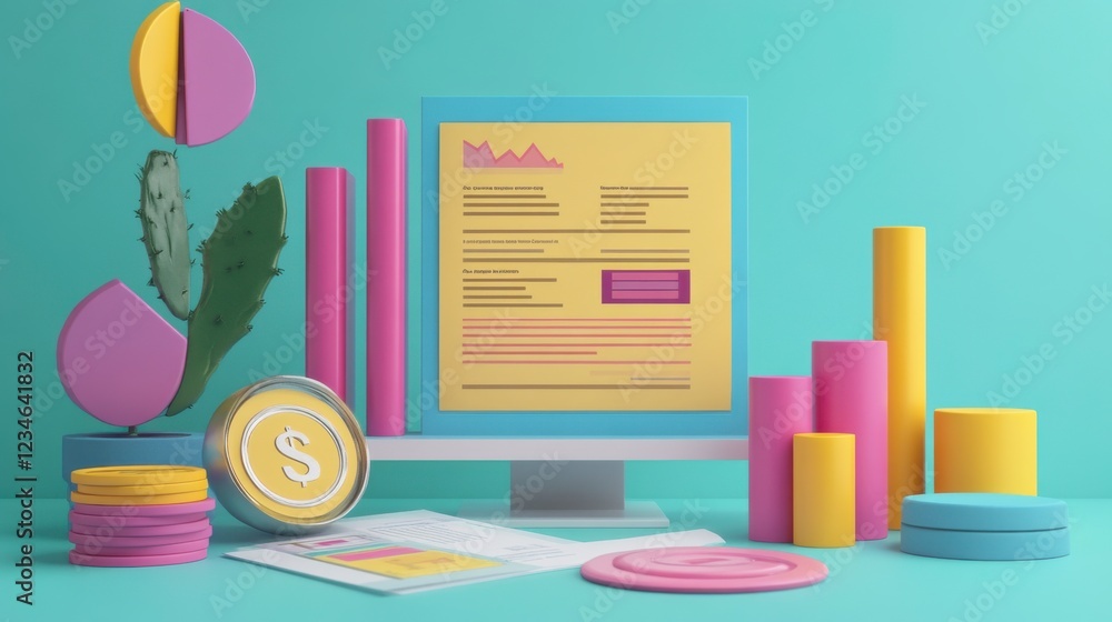 Poster a vibrant digital workspace featuring colorful elements like geometric shapes and a computer screen 