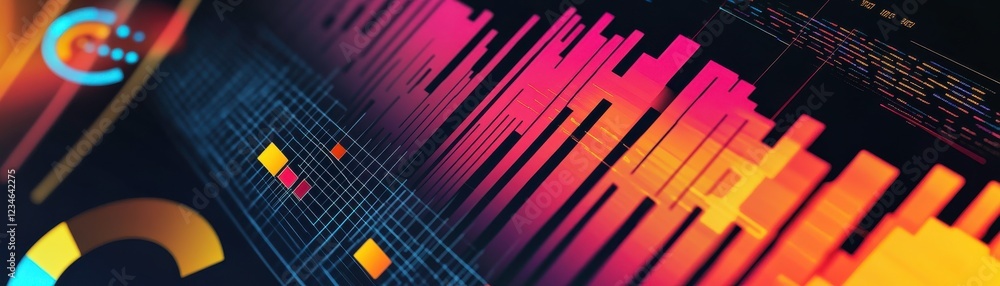 Poster a vibrant abstract digital design featuring colorful bars and geometric shapes, suggesting data visu