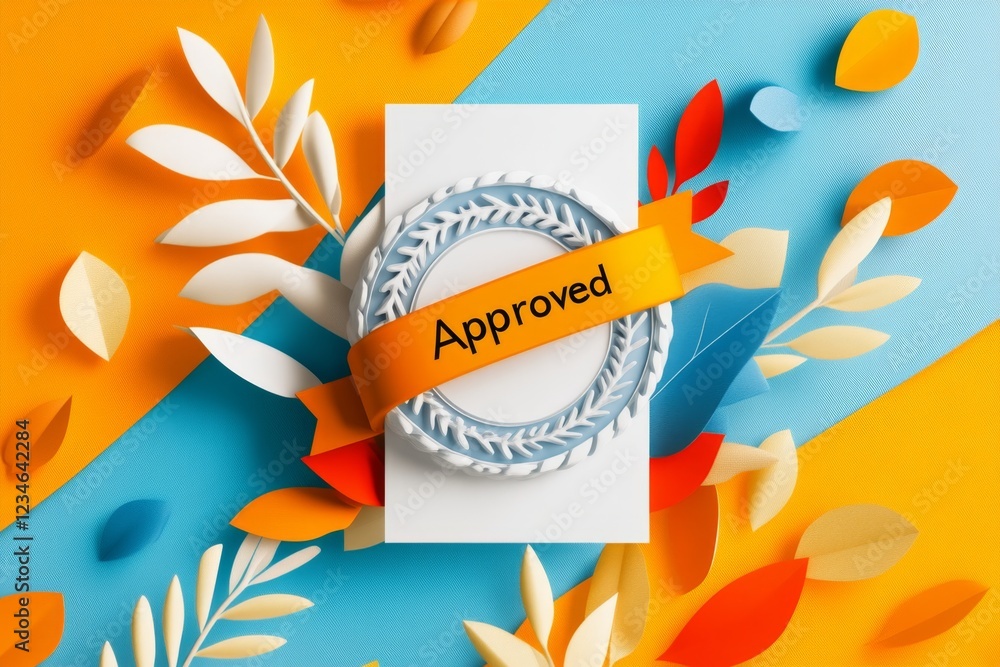 Poster a clean depiction of a stamped document icon with a bold â€œapprovedâ€ seal, rendered in a sleek, f