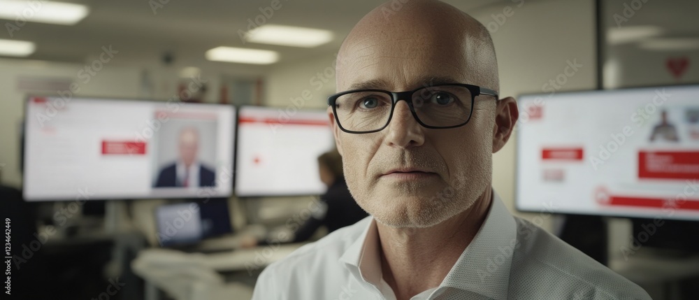 Poster professional man in office with screens displaying data