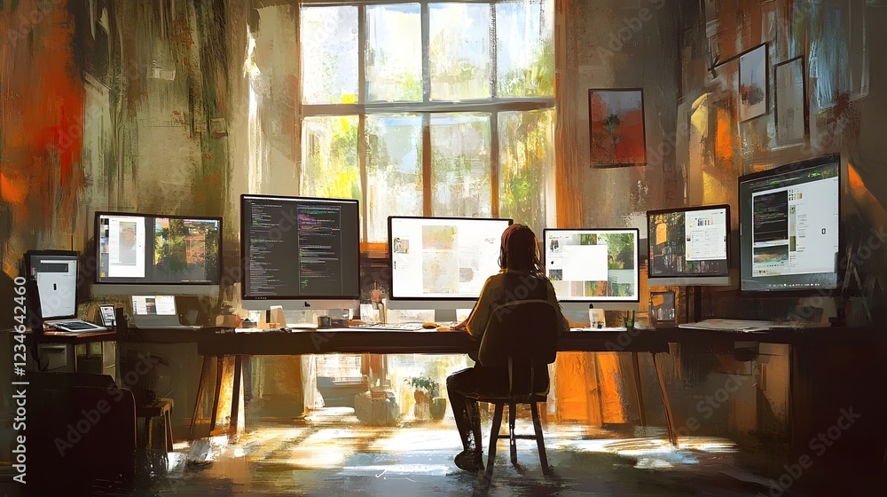 Aufkleber thoughtful independent worker in a cozy creative workspace with computers and technology