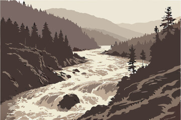  Raging river, muddy floodwaters, turbulent rapids, dense pine forest, misty atmosphere, overcast sky, rugged wilderness, aerial view, rushing torrent, erosion, natural disaster, powerful current, f