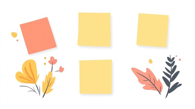Three yellow notes and one orange note with decorative plants on white background for reminders and notes