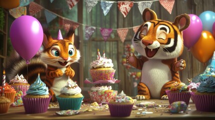 A playful birthday gathering with cupcakes, balloons, and party decorations, where animals like a tiger and a squirrel join in the fun. 