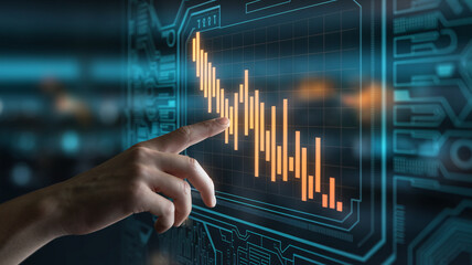 Hand Interacting with Decreasing Stock Market Graph on Futuristic Interface