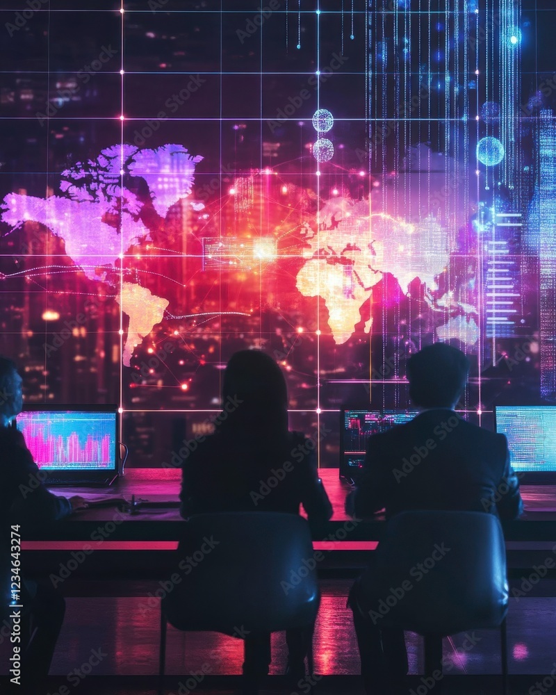 Poster a group of individuals monitors a colorful digital world map and data visualizations on screens, sug
