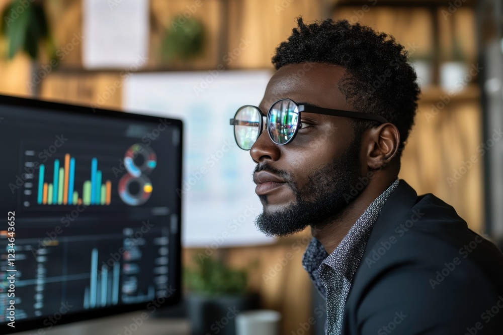 Poster a focused man in glasses analyzes data on a computer screen, surrounded by a modern workspace with p