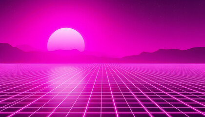 retro futuristic landscape, neon pink and purple color scheme, 80s synthwave aesthetic, grid floor, glowing sun, digital horizon, vaporwave, outrun style, retrowave, cyberpunk, glowing lines, vibrant 