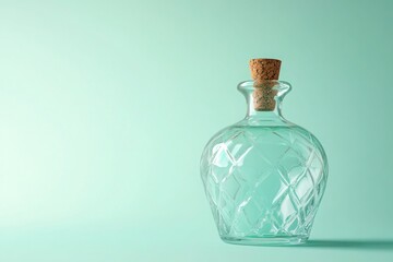 Decorative glass bottle with cork stopper, set against a pastel green background.