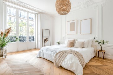 A cozy bedroom during renovation, with new furniture covered in protective plastic and swatches on the wall