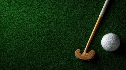 Close-up of a golf club and ball on a green turf, showcasing a moment of anticipation in the game.