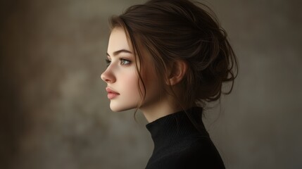 A stylish European young woman with a classic chignon hairstyle gazes confidently into the camera, her portrait exuding elegance and timeless fashion.