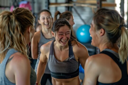Candid photo of a group of women laughing after a gym workout