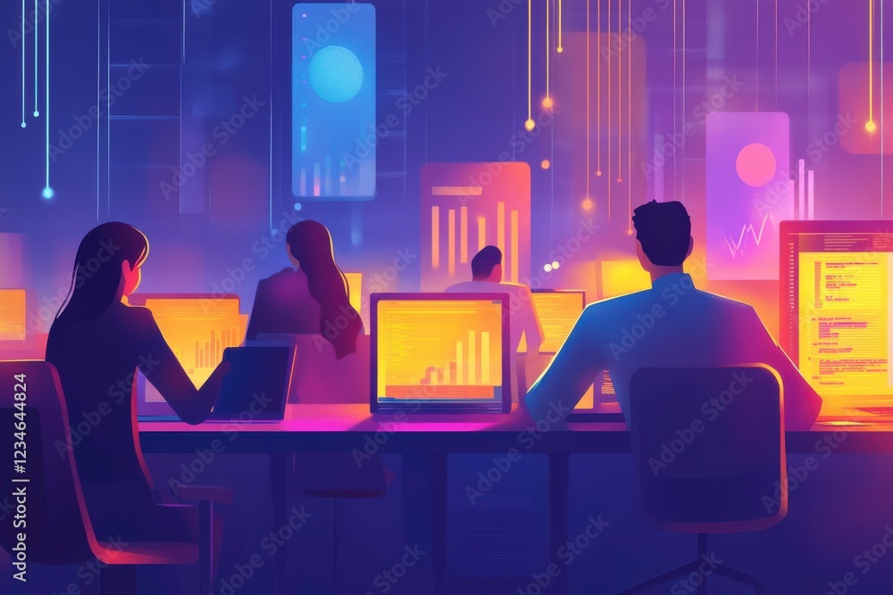 Poster an illuminated workspace filled with people analyzing data on vibrant screens in a modern, tech-driv