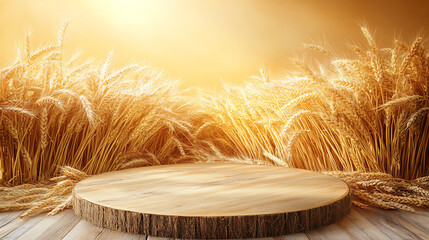 Golden Wheat Podium A Rustic Wooden Display in a Summer Field