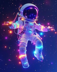 Fototapeta premium A vibrant astronaut floats in space, illuminated by colorful lights, surrounded by sparkling stars and a deep cosmic backdrop.