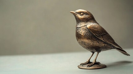Decorative bronze statue of a bird, placed on a soft gray background with copy space.