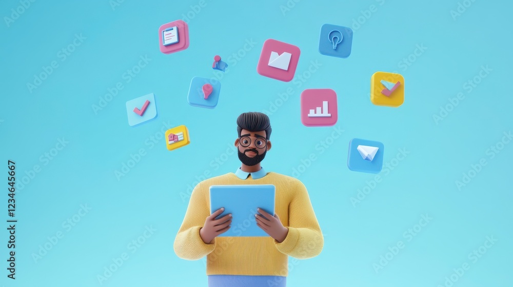 Poster a person holds a tablet amidst floating colorful app icons, symbolizing digital interaction and tech