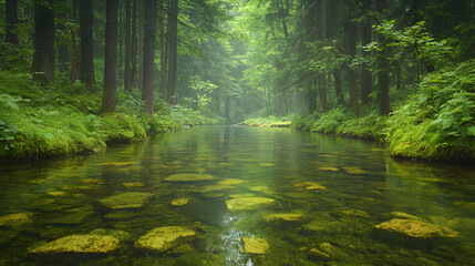 Fototapeta premium Misty forest stream, tranquil nature scene, serene landscape, perfect for travel brochures