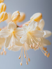 White delicate flowers close up. Spring flowers on a gray background. Macro photo.