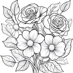 Simple Coloring Book Page Roses and Daisies Intertwined