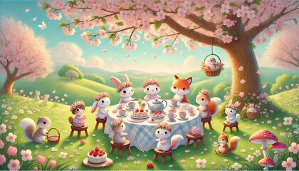 A delightful scene of woodland animals enjoying a whimsical tea party beneath a blooming cherry blossom tree, surrounded by meadows and a serene sky