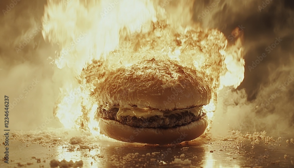 Sticker A hamburger engulfed in intense flames, set against a dark and smoky background. The bun is glistening, and the patty is partially visible. The