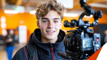 Happy Young Filmmaker Teenager Smiling Near a Professional Camera