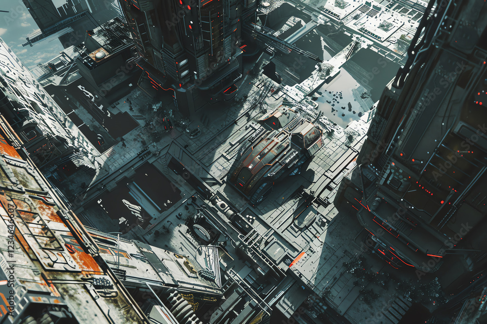 Poster capture a high-angle view of futuristic technologies interwoven with dystopian visions, showcasing s