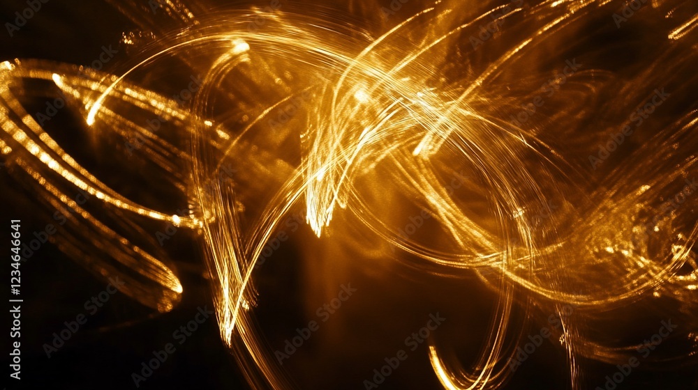 Poster abstract golden light trails in the dark, with swirling motion and bokeh effects creating a dynamic 