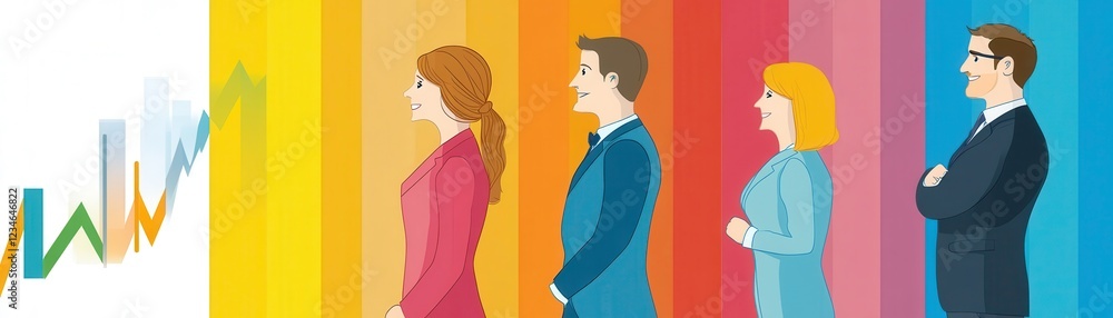 Poster a group of professionals standing in a line, with a colorful background and a rising graph, symboliz