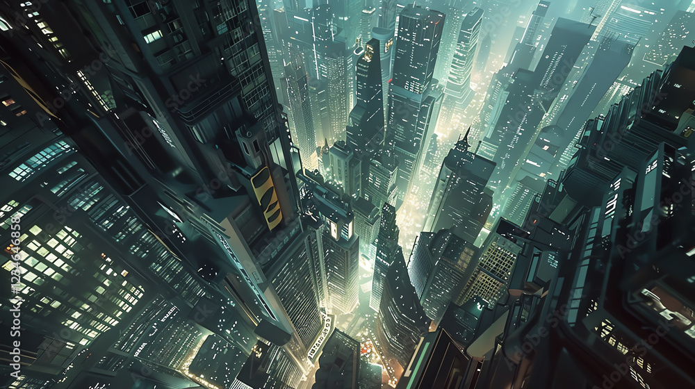 Poster capture a high-angle view of a dystopian cityscape filled with futuristic technologies gone awry, bl