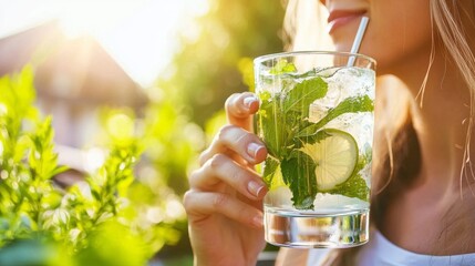 Woman Enjoying Refreshing Summer Mint Lime Drink Outdoors