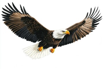 Obraz premium majestic bald eagle mid-flight illustration, precise linework details in feathers, dynamic pose with spread wings, clean vector style against white