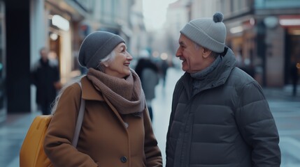 A happy senior couple walks side by side, laughing together as they chat on a charming street, embodying the joy of spending time with a loved one.