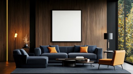 Fototapeta premium Modern Minimalist Living Room Design with Cozy Couch, Wooden Accents, and Large Empty Frame for Artwork